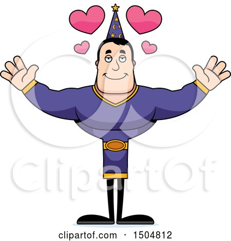 Clipart of a Buff Caucasian Male Wizard with Open Arms and Hearts - Royalty Free Vector Illustration by Cory Thoman