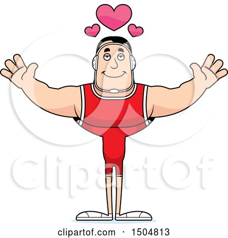 Clipart of a Buff Caucasian Male Wrestler with Hearts and Open Arms - Royalty Free Vector Illustration by Cory Thoman