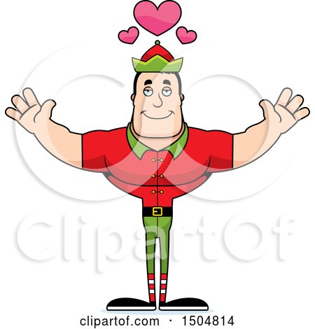 Clipart of a Buff Caucasian Male Christmas Elf with Open Arms and Hearts - Royalty Free Vector Illustration by Cory Thoman