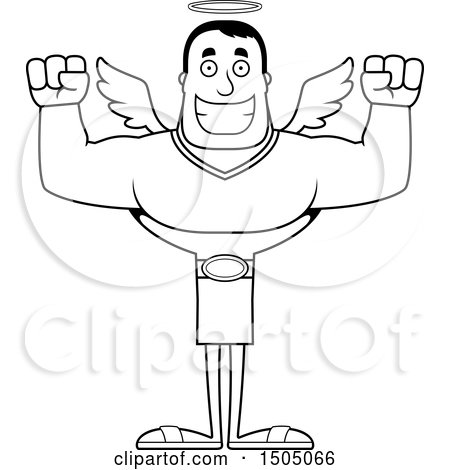 Clipart of a Black and White Cheering Buff Male Angel - Royalty Free Vector Illustration by Cory Thoman
