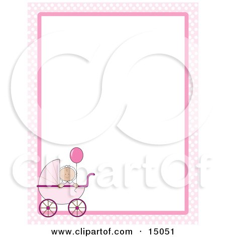 Cute Little Caucasian Baby Girl Holding A Balloon In A Pink Baby Carriage On A Pink And White Checkered Stationery Frame Clipart Illustration by Maria Bell