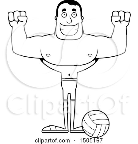 Clipart of a Black and White Cheering Buff Male Beach Volleyball Player - Royalty Free Vector Illustration by Cory Thoman