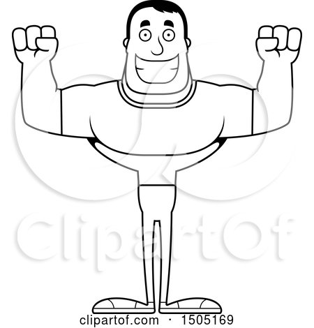 Clipart of a Black and White Cheering Buff Casual Man - Royalty Free Vector Illustration by Cory Thoman