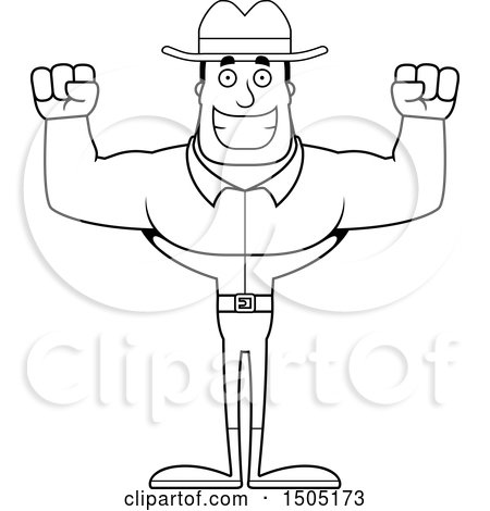 Clipart of a Black and White Cheering Buff Male Cowboy - Royalty Free Vector Illustration by Cory Thoman