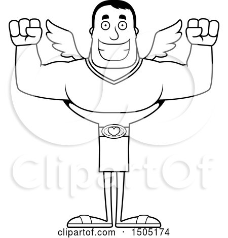 Clipart of a Black and White Cheering Buff Male Cupid - Royalty Free Vector Illustration by Cory Thoman
