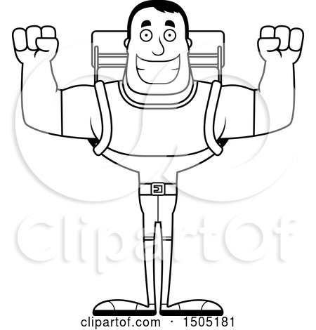 Clipart of a Black and White Cheering Buff Male Hiker - Royalty Free Vector Illustration by Cory Thoman