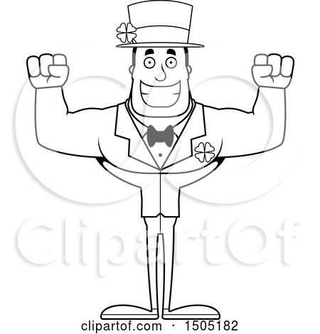Clipart of a Black and White Cheering Buff Irish Man - Royalty Free Vector Illustration by Cory Thoman