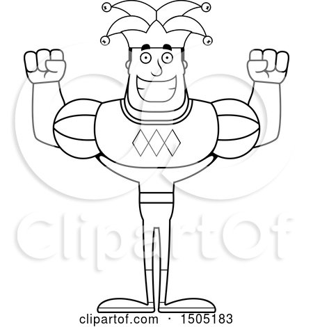 Clipart of a Black and White Cheering Buff Male Jester - Royalty Free Vector Illustration by Cory Thoman