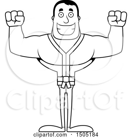 Clipart of a Black and White Cheering Buff Karate Man - Royalty Free Vector Illustration by Cory Thoman