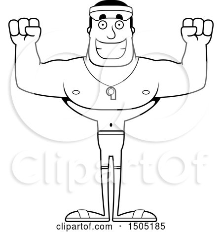 Clipart of a Black and White Cheering Buff Male Lifeguard - Royalty Free Vector Illustration by Cory Thoman