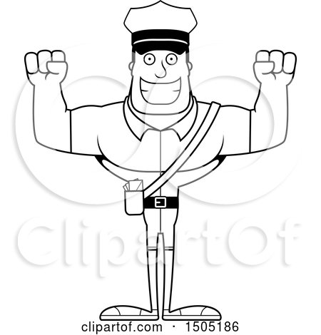 Clipart of a Black and White Cheering Buff Male Postal Worker - Royalty Free Vector Illustration by Cory Thoman
