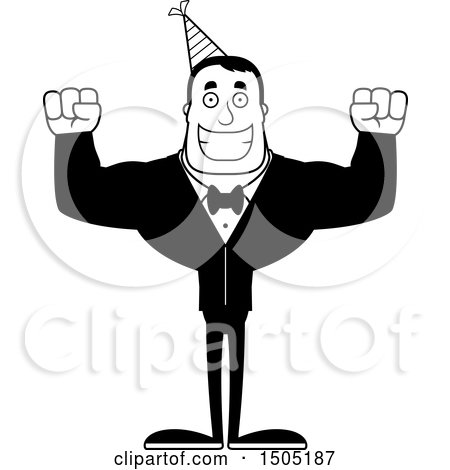Clipart of a Black and White Cheering Buff Party Man - Royalty Free Vector Illustration by Cory Thoman
