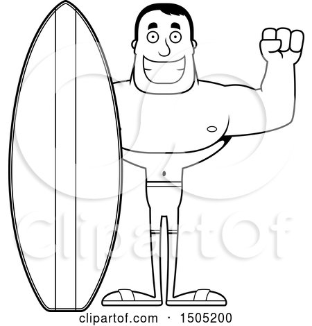 Clipart of a Black and White Cheering Buff Male Surfer - Royalty Free Vector Illustration by Cory Thoman