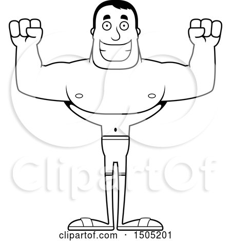 Clipart of a Black and White Cheering Buff Male Swimmer - Royalty Free Vector Illustration by Cory Thoman