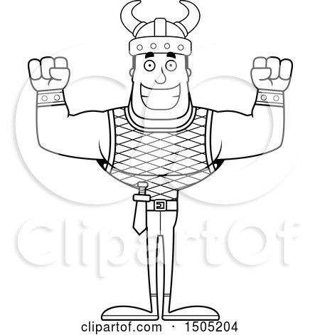 Clipart of a Black and White Cheering or Flexing Buff Male Viking - Royalty Free Vector Illustration by Cory Thoman