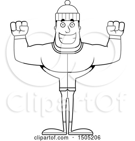 Clipart of a Black and White Cheering Buff Man in Winter Apparel - Royalty Free Vector Illustration by Cory Thoman