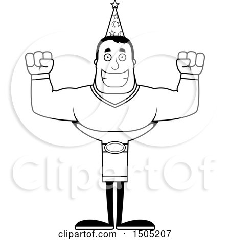 Clipart of a Black and White Cheering Buff Male Wizard - Royalty Free Vector Illustration by Cory Thoman