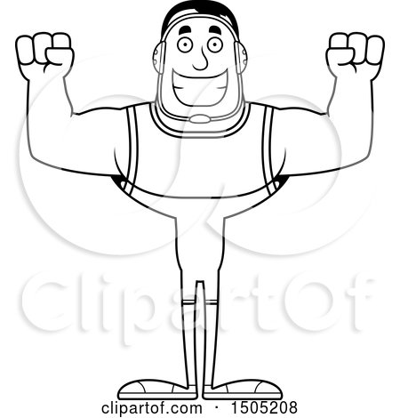 Clipart of a Black and White Cheering Buff Male Wrestler - Royalty Free Vector Illustration by Cory Thoman