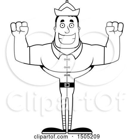 Clipart of a Black and White Cheering Buff Male Christmas Elf - Royalty Free Vector Illustration by Cory Thoman