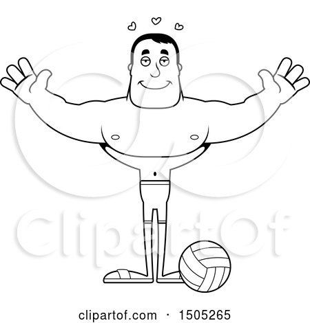 Clipart of a Black and White Buff Male Beach Volleyball Player with Open Arms - Royalty Free Vector Illustration by Cory Thoman