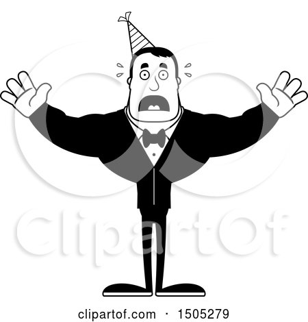 Clipart of a Black and White Scared Buff Party Man - Royalty Free Vector Illustration by Cory Thoman