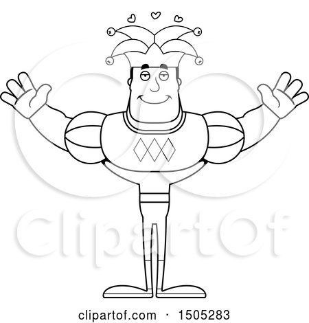Clipart of a Black and White Buff Male Jester with Open Arms and Hearts - Royalty Free Vector Illustration by Cory Thoman