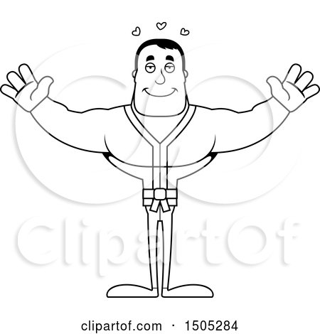 Clipart of a Black and White Buff Karate Man with Open Arms and Hearts - Royalty Free Vector Illustration by Cory Thoman