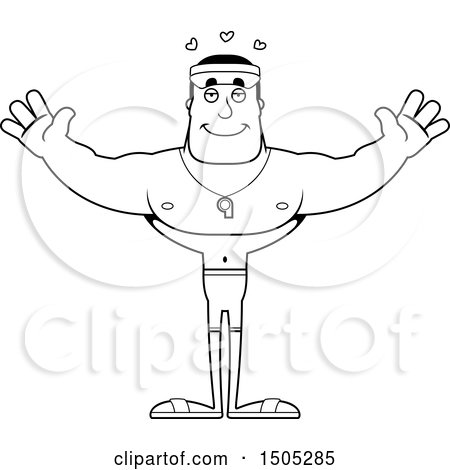 Clipart of a Black and White Buff Male Lifeguard with Open Arms and Hearts - Royalty Free Vector Illustration by Cory Thoman