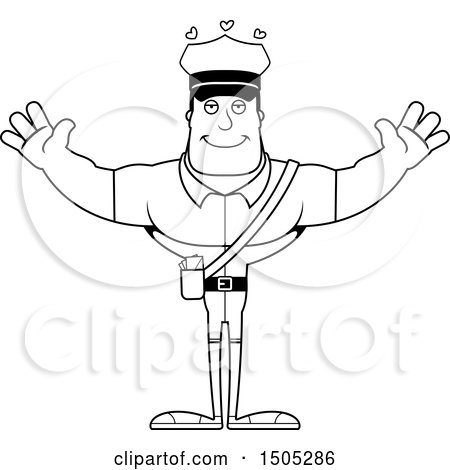 Clipart of a Black and White Buff Male Postal Worker with Open Arms and Hearts - Royalty Free Vector Illustration by Cory Thoman