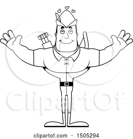 Clipart of a Black and White Buff Male Archer or Robin Hood with Hearts and Open Arms - Royalty Free Vector Illustration by Cory Thoman