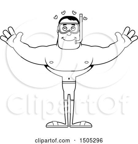 Clipart of a Black and White Buff Male in Snorkel Gear, with Open Arms and Hearts - Royalty Free Vector Illustration by Cory Thoman