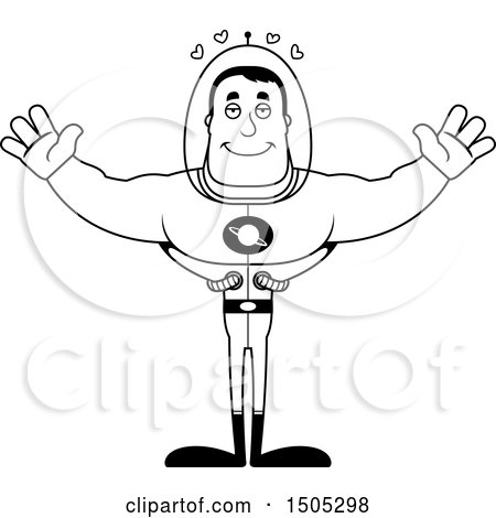 Clipart of a Black and White Buff Male Space Guy with Hearts and Open Arms - Royalty Free Vector Illustration by Cory Thoman