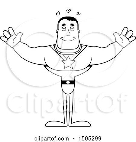 Clipart of a Black and White Buff Male Super Hero with Hearts and Open Arms - Royalty Free Vector Illustration by Cory Thoman