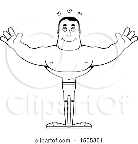 Clipart of a Black and White Buff Male Swimmer with Open Arms and Hearts - Royalty Free Vector Illustration by Cory Thoman