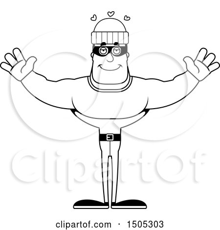 Clipart of a Black and White Buff Male Robber with Hearts and Open Arms - Royalty Free Vector Illustration by Cory Thoman