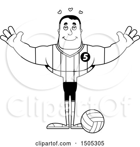 Clipart of a Black and White Buff Male Volleyball Player with Hearts and Open Arms - Royalty Free Vector Illustration by Cory Thoman