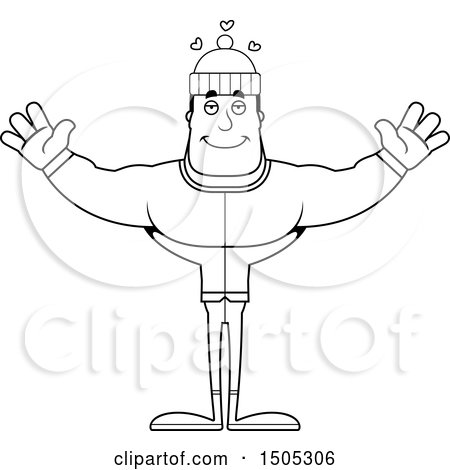 Clipart of a Black and White Buff Man in Winter Apparel, with Open Arms and Hearts - Royalty Free Vector Illustration by Cory Thoman