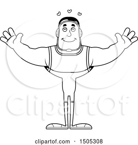 Clipart of a Black and White Buff Male Wrestler with Hearts and Open Arms - Royalty Free Vector Illustration by Cory Thoman