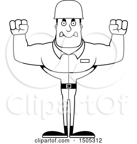 Clipart of a Black and White Mad Buff Male Army Soldier - Royalty Free Vector Illustration by Cory Thoman