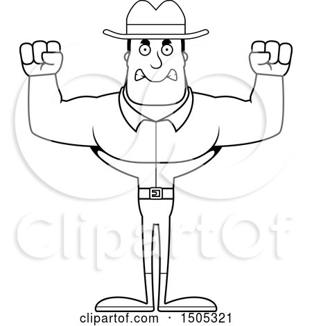 Clipart of a Black and White Mad Buff Male Cowboy - Royalty Free Vector Illustration by Cory Thoman
