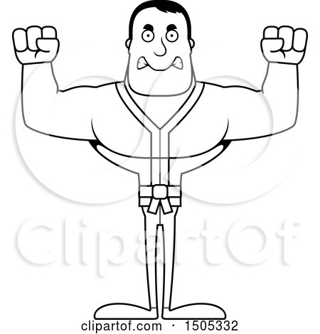 Clipart of a Black and White Mad Buff Karate Man - Royalty Free Vector Illustration by Cory Thoman