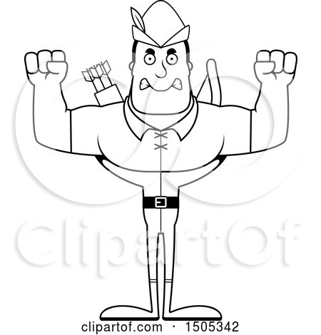 Clipart of a Black and White Mad Buff Male Archer or Robin Hood - Royalty Free Vector Illustration by Cory Thoman