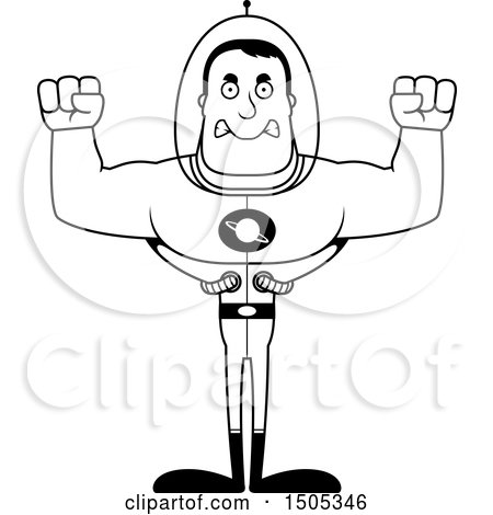 Clipart of a Black and White Mad Buff Male Space Guy - Royalty Free Vector Illustration by Cory Thoman
