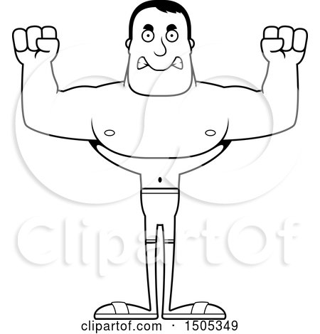 Clipart of a Black and White Mad Buff Male Swimmer - Royalty Free Vector Illustration by Cory Thoman