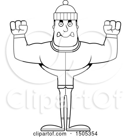 Clipart of a Black and White Mad Buff Man in Winter Apparel - Royalty Free Vector Illustration by Cory Thoman