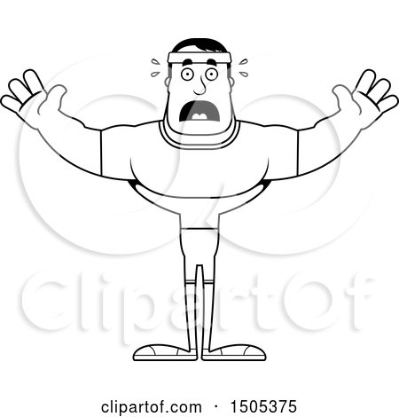 Clipart of a Black and White Scared Buff Male Fitness Guy - Royalty Free Vector Illustration by Cory Thoman