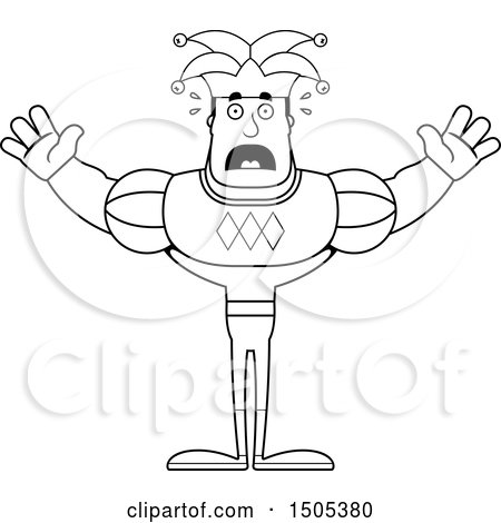 Clipart of a Black and White Scared Buff Male Jester - Royalty Free Vector Illustration by Cory Thoman
