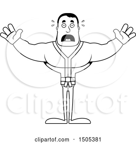 Clipart of a Black and White Scared Buff Karate Man - Royalty Free Vector Illustration by Cory Thoman