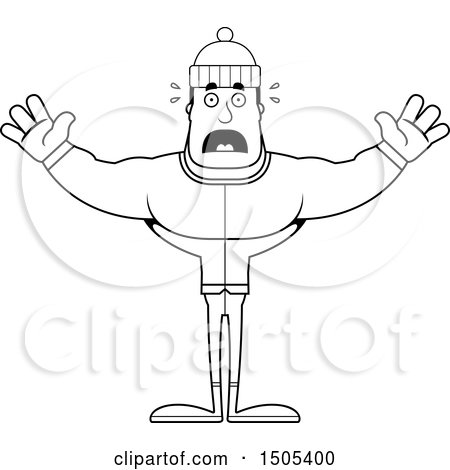 Clipart of a Black and White Scared Buff Man in Winter Apparel - Royalty Free Vector Illustration by Cory Thoman