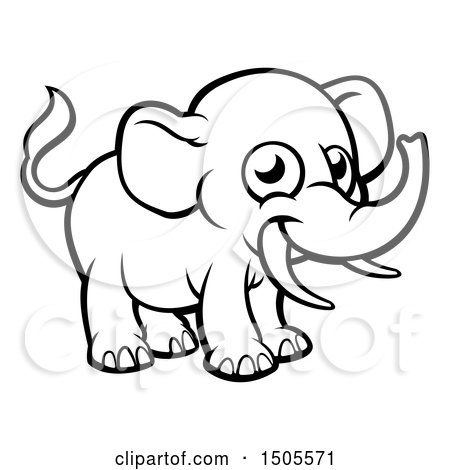 Clipart of a Black and White Happy Elephant with Tusks - Royalty Free Vector Illustration by AtStockIllustration